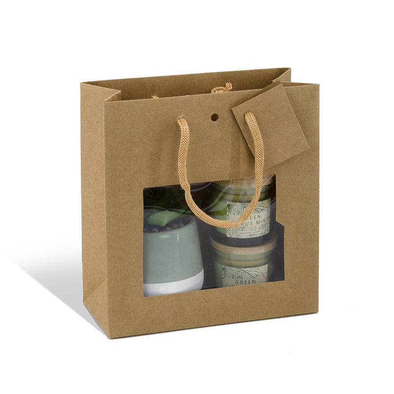 Sac luxe Middle à fenêtre|kraft brun|poignées papier|18+8x19cm|par 192