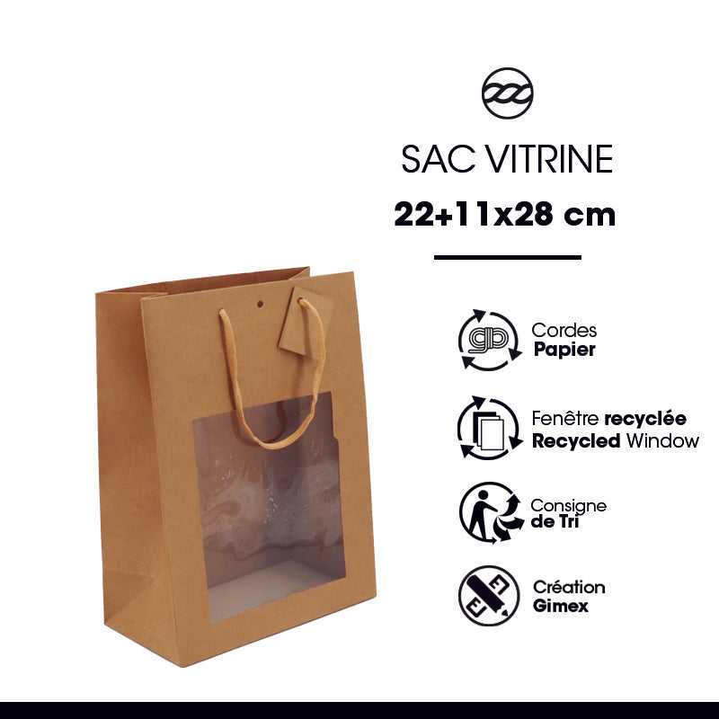 Sac luxe Middle Vertical fenêtre|kraft brun|poignées papier|22+11x28cm|par 168