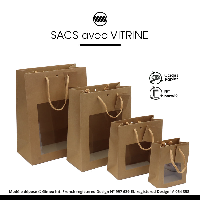 Sac luxe Middle Vertical fenêtre|kraft brun|poignées papier|22+11x28cm|par 168