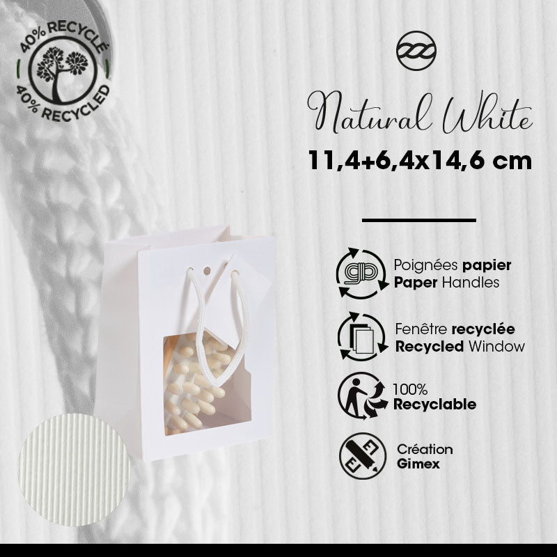 Sac luxe à fenêtre Natural White | kraft blanc | poignées papier | 11,4+6,4x14,6cm | par 200