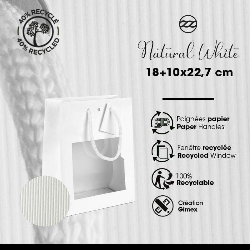 Sac luxe à fenêtre Natural White|kraft blanc|poignées papier| 18+10x22,7cm|par 200