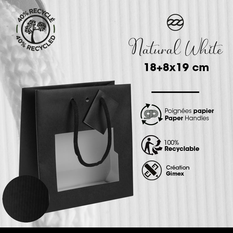 Sac luxe à fenêtre Natural Black|kraft noir|poignées papier|18+8x19cm|par 200