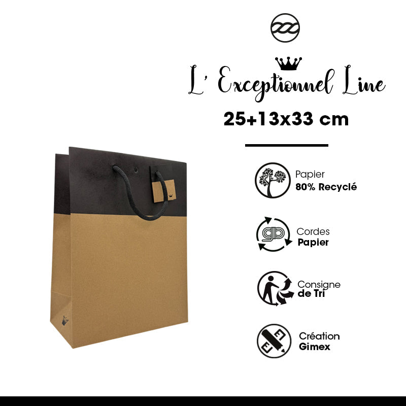 Sac luxe Line|kraft brun et noir|poignées papier|25+13x33cm|par 150