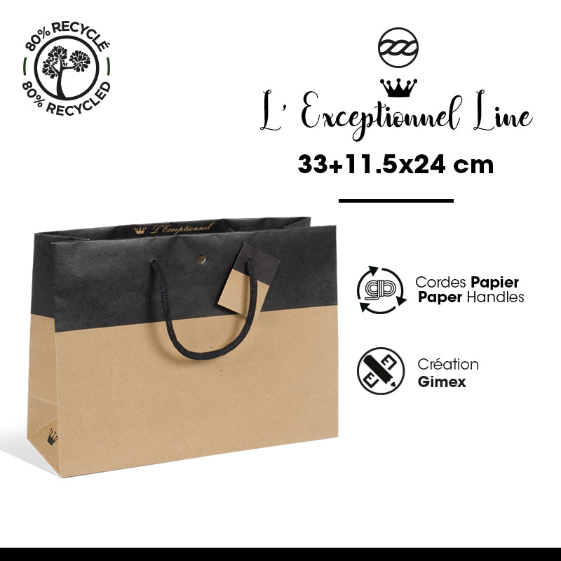 Sac luxe Line|kraft brun et noir|poignées papier|33+11,5x24cm|par 100