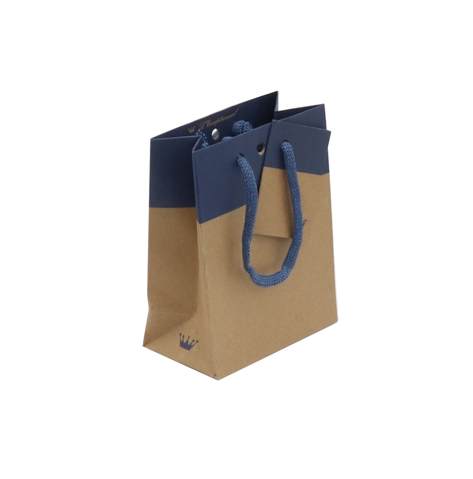 Sac luxe Line | kraft brun et bleu | poignées papier | 11,4+6,4x14,6cm|par 300