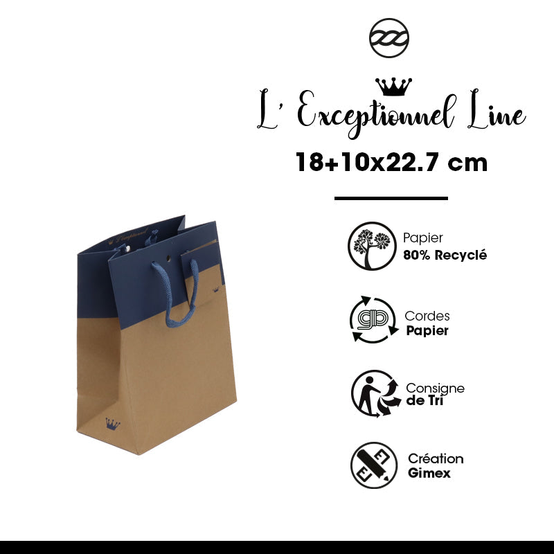 Sac luxe Line|kraft brun et bleu|poignées papier|18+10x22,7cm|par 250