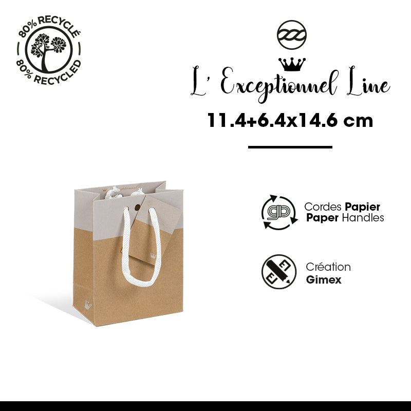 Sac luxe Line|kraft brun et blanc|poignées papier | 11,4+6,4x14,6cm | par 300