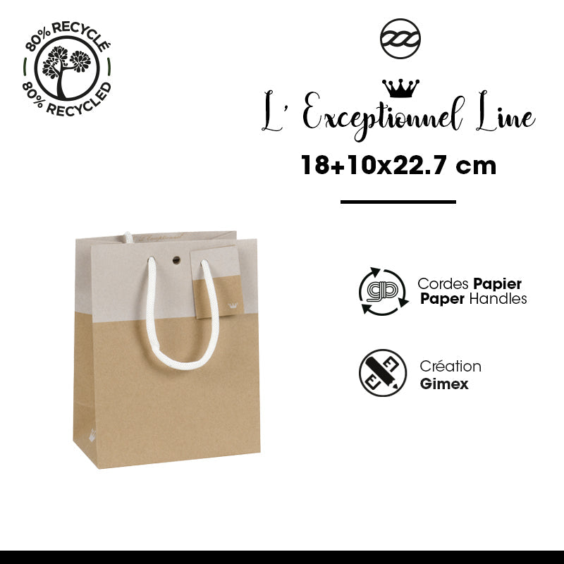 Sac luxe Line|kraft brun et blanc|poignées cordelières| 18+10x22,7cm | par 250