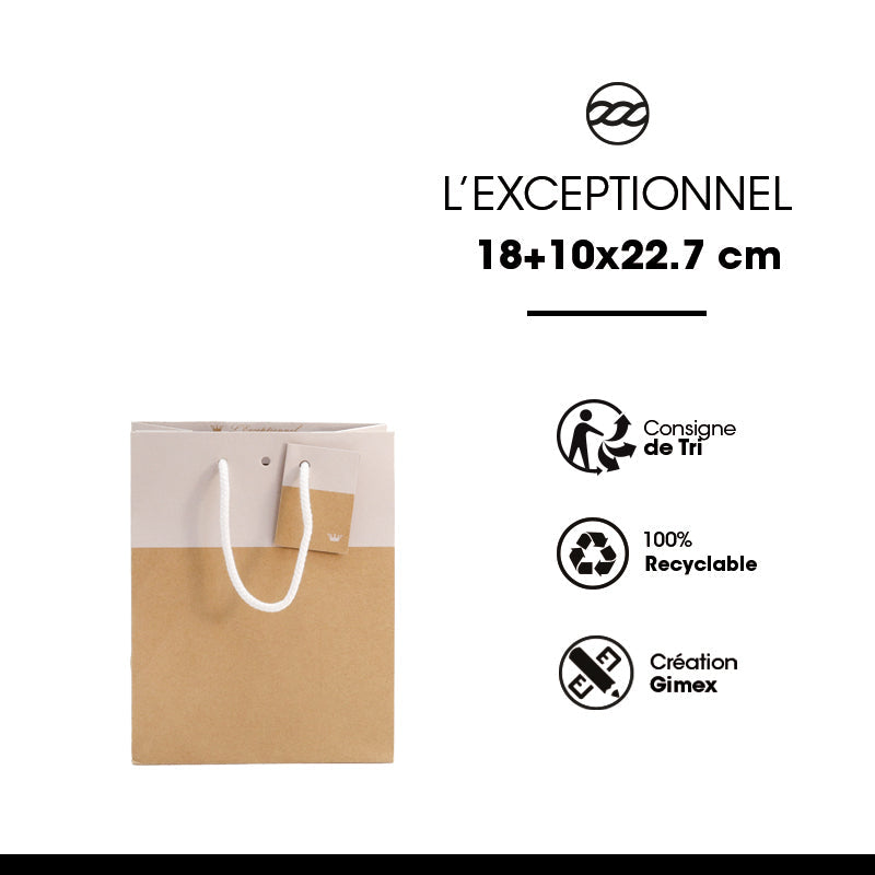 Sac luxe Line|kraft brun et blanc|poignées cordelières| 18+10x22,7cm | par 250