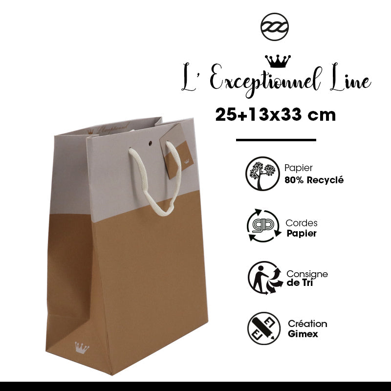 Sac luxe Line|kraft brun et blanc|poignées papier|25+13x33cm|par 150