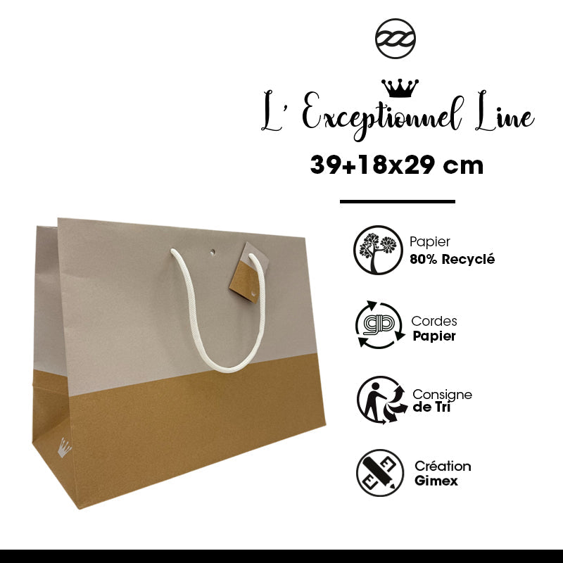 Sac luxe Line|kraft brun et blanc|poignées papier|39+18x29cm|par 60