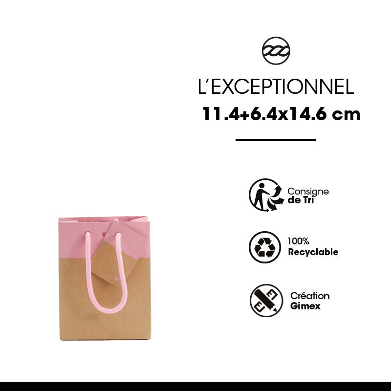Sac luxe Line|kraft brun et rose|poignées cordelières|11,4+6,4x14,6cm|par 300