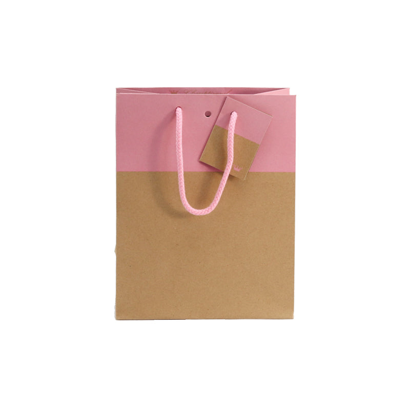 Sac luxe Line|kraft brun et rose|poignées cordelières| 18+10x22,7cm | par 250