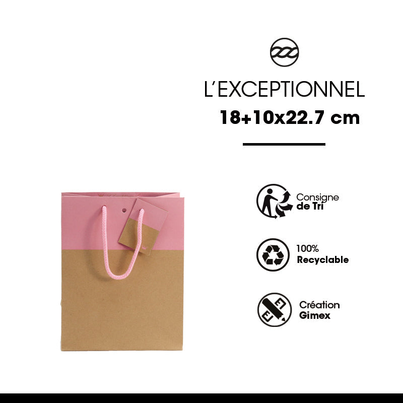 Sac luxe Line|kraft brun et rose|poignées cordelières| 18+10x22,7cm | par 250