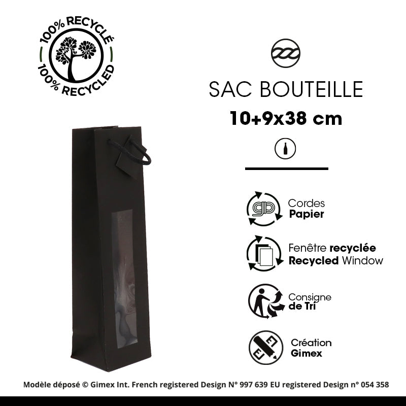 Sac 1 bouteille à fenêtre|kraft noir|poignées papier|10+9x38cm|par 200