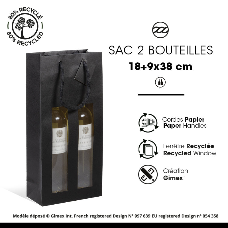 Sac 2 bouteilles à fenêtre | kraft noir | poignées papier | 18+9x38cm |par 100