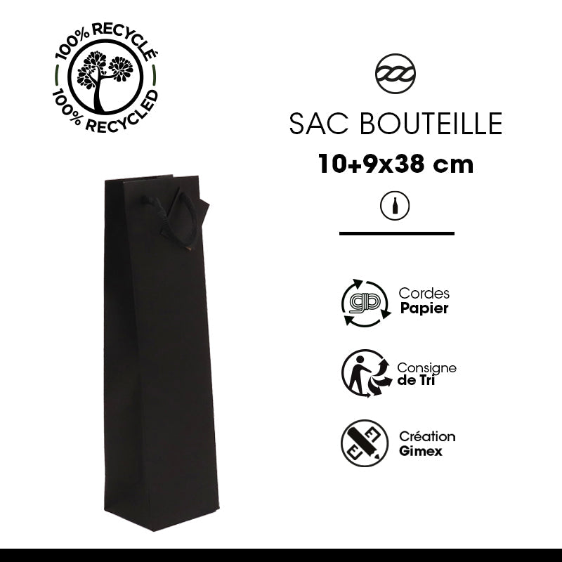 Sac 1 bouteille|kraft noir|poignées papier|10+9x38cm|par 200