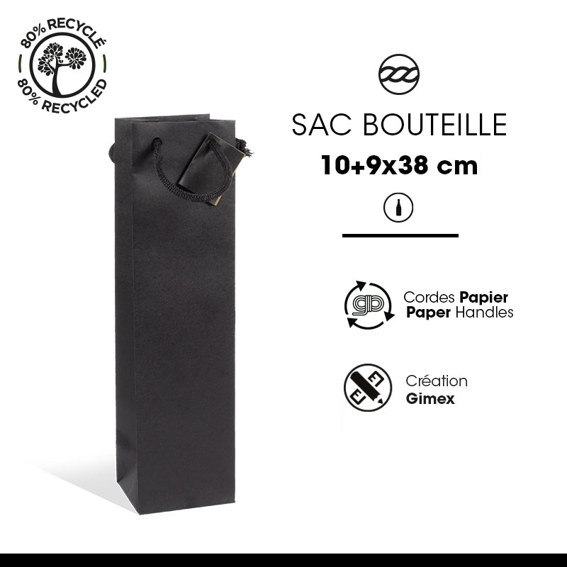 Sac 1 bouteille|kraft noir|poignées papier|10+9x38cm|par 200