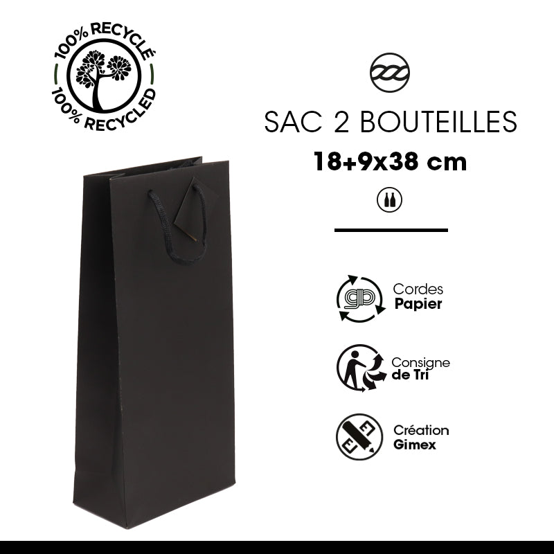 Sac 2 bouteilles|kraft noir|poignées papier|18+9x38cm|par 100