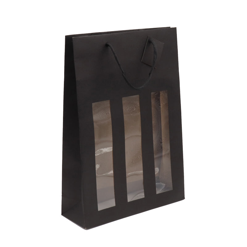 Sac 3 bouteilles à fenêtre| kraft noir | poignées papier | 27+9x38cm | par 100