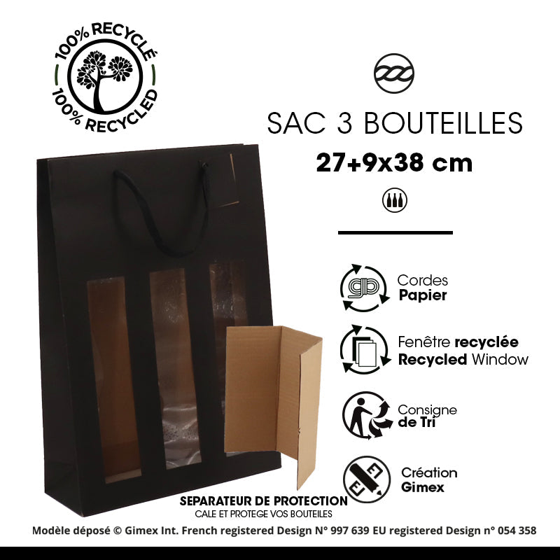 Sac 3 bouteilles à fenêtre| kraft noir | poignées papier | 27+9x38cm | par 100