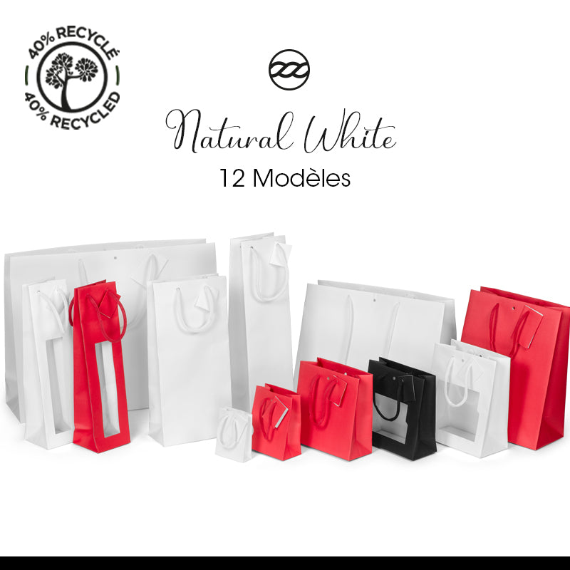 Sac luxe Natural White|kraft blanc|poignées papier| 11,4+6,4x14,6cm | par 200
