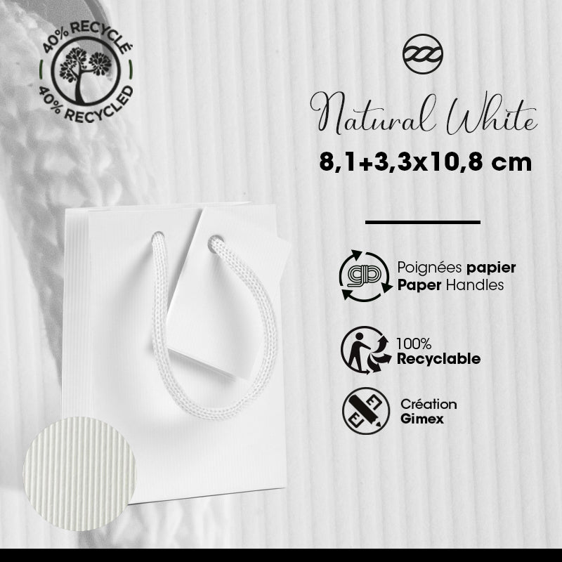 Sac luxe Natural White|kraft blanc| poignées papier | 8,1+3,3x10,8cm | par 200