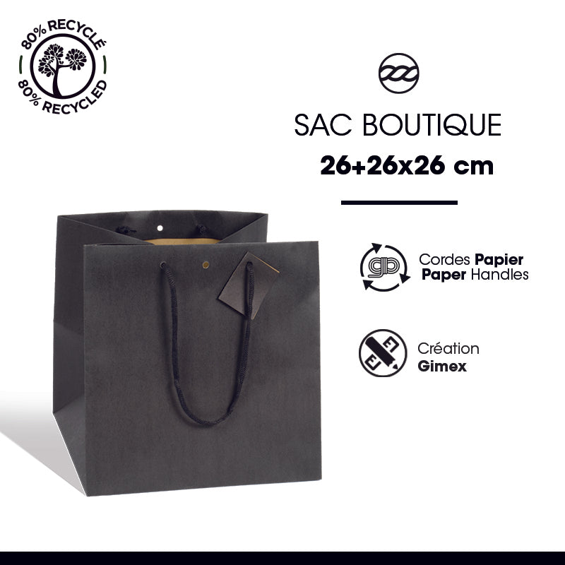 Sac luxe Grand Cube|krfat noir|poignées papier|26+26x26cm|par 120