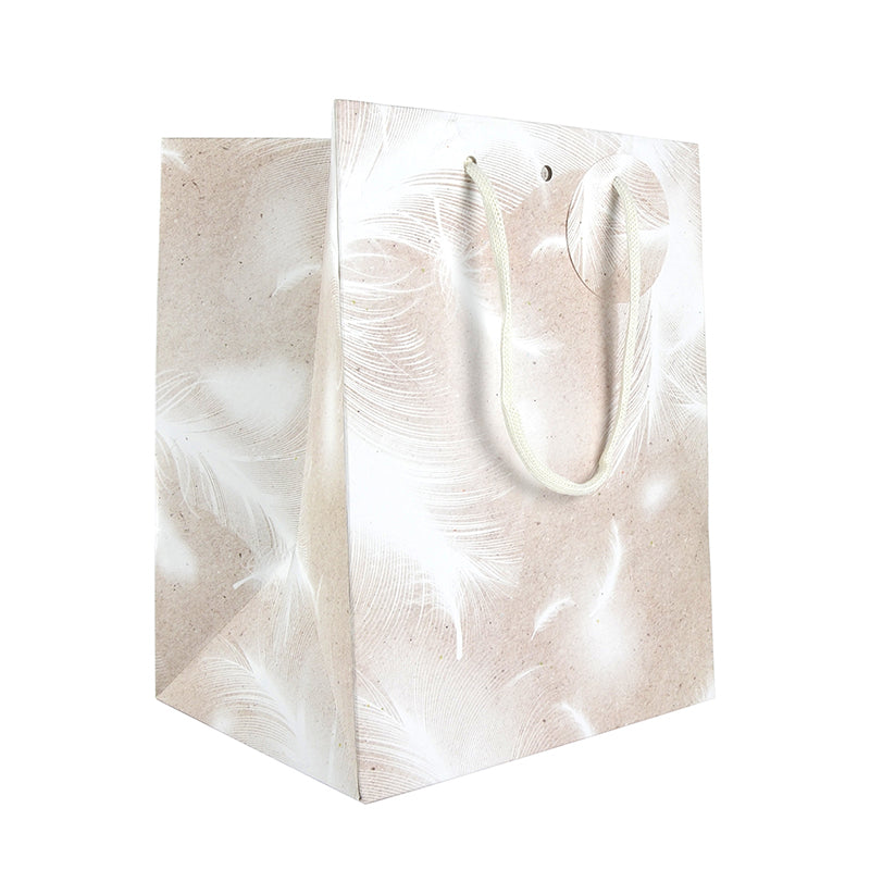 Sac décor Plumes|kraft blanc|poignées cordelières|22+18x28cm|par 120