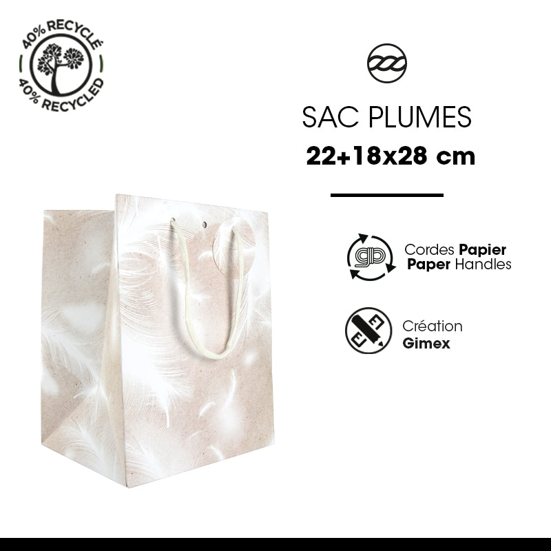 Sac décor Plumes|kraft blanc|poignées cordelières|22+18x28cm|par 120