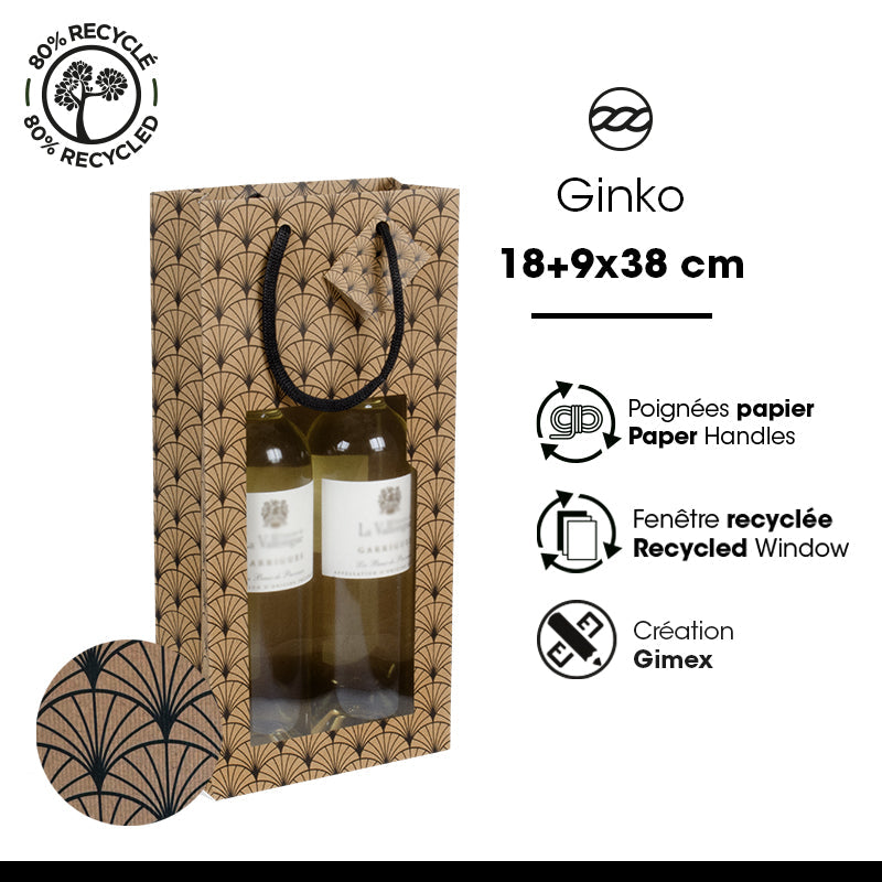 Sac 2 bouteilles Ginko|kraft brun|poignées papier|18+9x38cm|par 100
