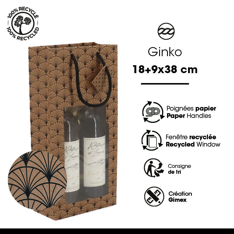 Sac 2 bouteilles Ginko|kraft brun|poignées papier|18+9x38cm|par 100