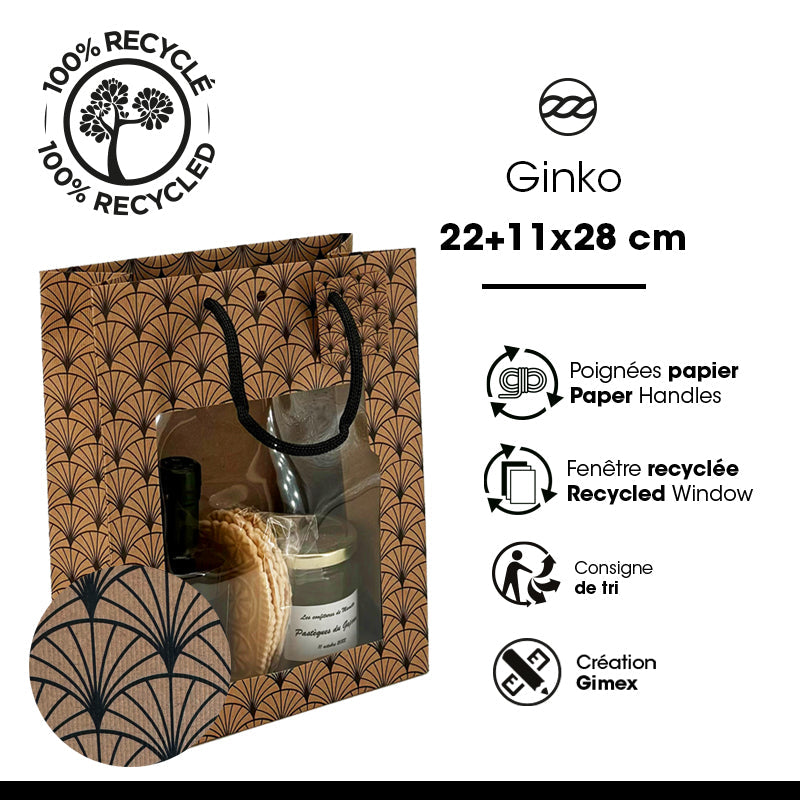 Sac luxe Ginko|kraft brun|poignées papier|22+11x28cm|par 168