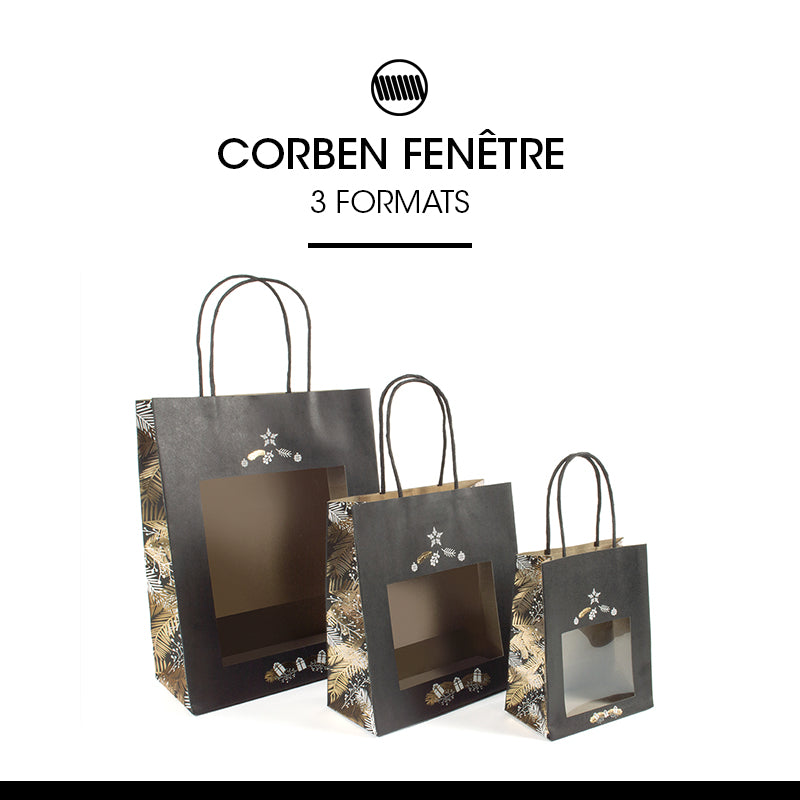 Sac Corben Noir fenêtre|kraft brun| poignées torsadées | 22+11x28cm | par 168
