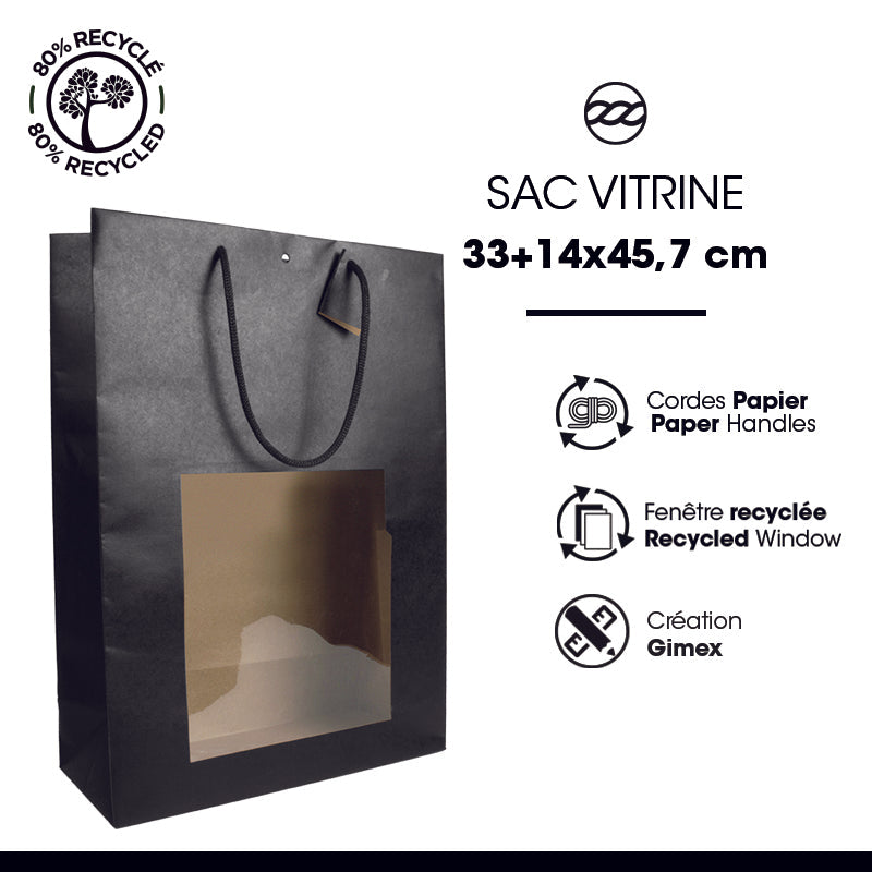 Sac fenêtre King|kraft noir|poignées papier|33+14x45,7cm|par 60