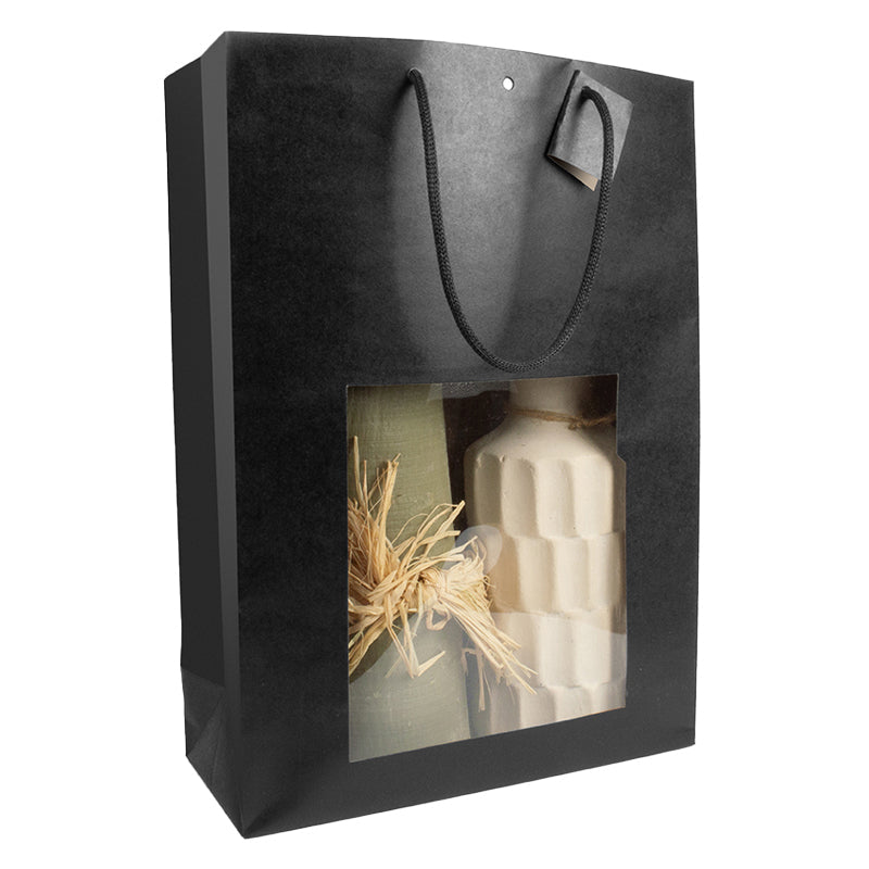 Sac fenêtre King|kraft noir|poignées papier|33+14x45,7cm|par 60