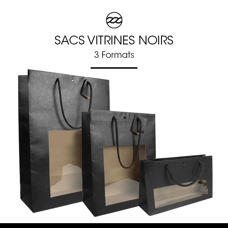 Sac fenêtre King|kraft noir|poignées papier|33+14x45,7cm|par 60