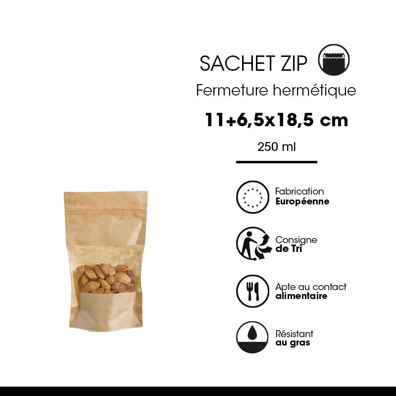Sachet Doypack à fenêtre et zip hermétique 250ml|kraft brun|par 1000