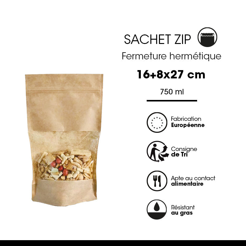 Sachet Doypack à fenêtre et zip hermétique 750ml|kraft brun|par 600
