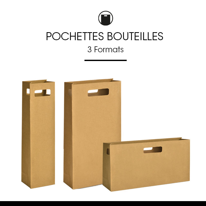 Pochette 1 bouteille|kraft brun|poignées découpées|11+9x42cm|par 200