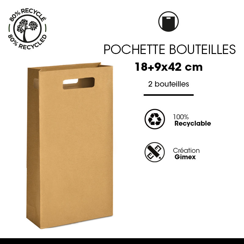 Pochette 2 bouteilles|kraft brun|poignées découpées|18+9x42cm|par 100