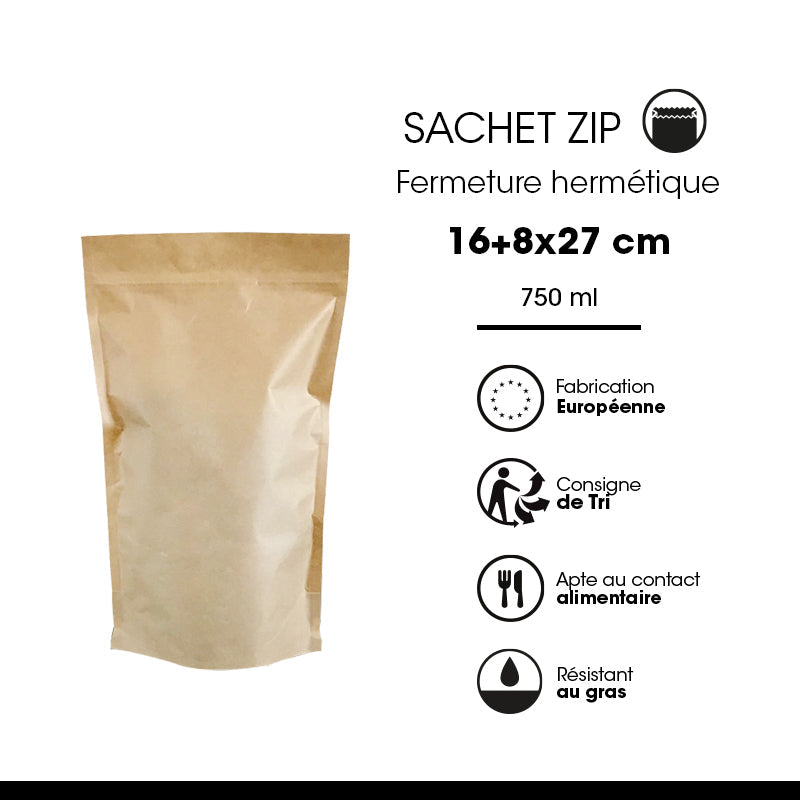 Sachet Doypack avec zip hermétique 750ml|kraft brun|par 600