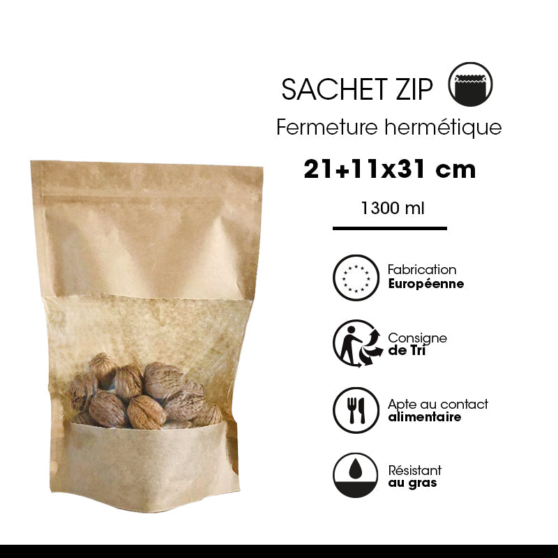 Sachet Doypack à fenêtre et zip hermétique 1300ml|kraft brun|par 400