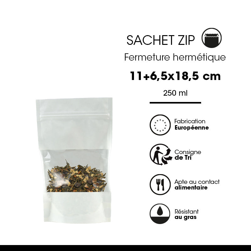 Sachet Doypack à fenêtre et zip hermétique 250ml|kraft blanc|par 1000