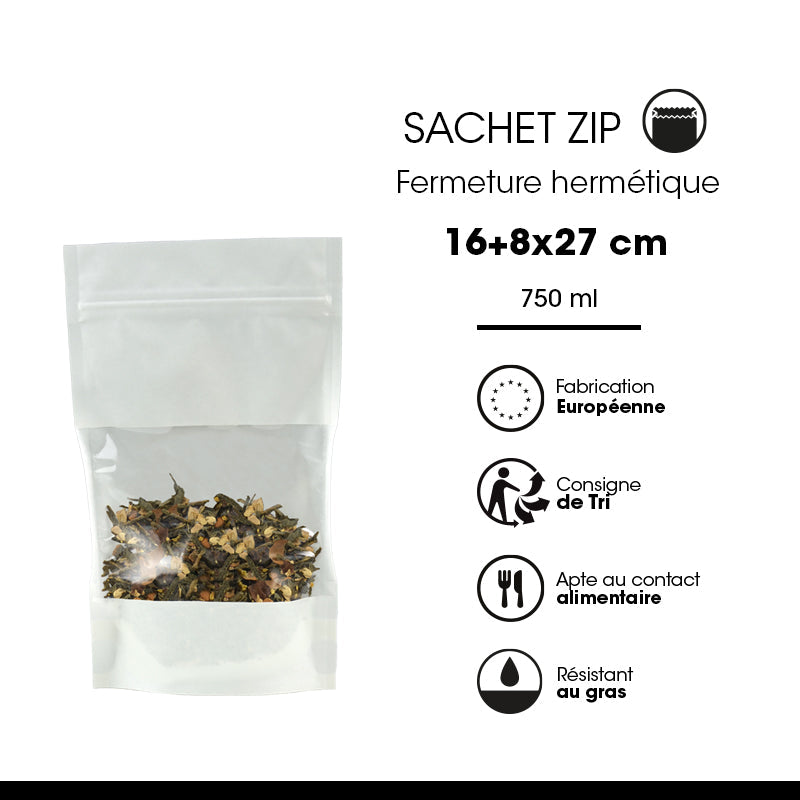 Sachet Doypack Kraft Blanc 750ml à fenêtre et zip hermétique|par 600