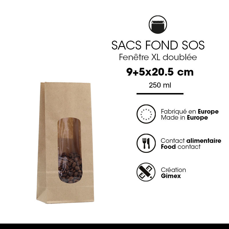 Sac alimentaire SOS fenêtre XL 250 ml|kraft brun lisse|par 1200