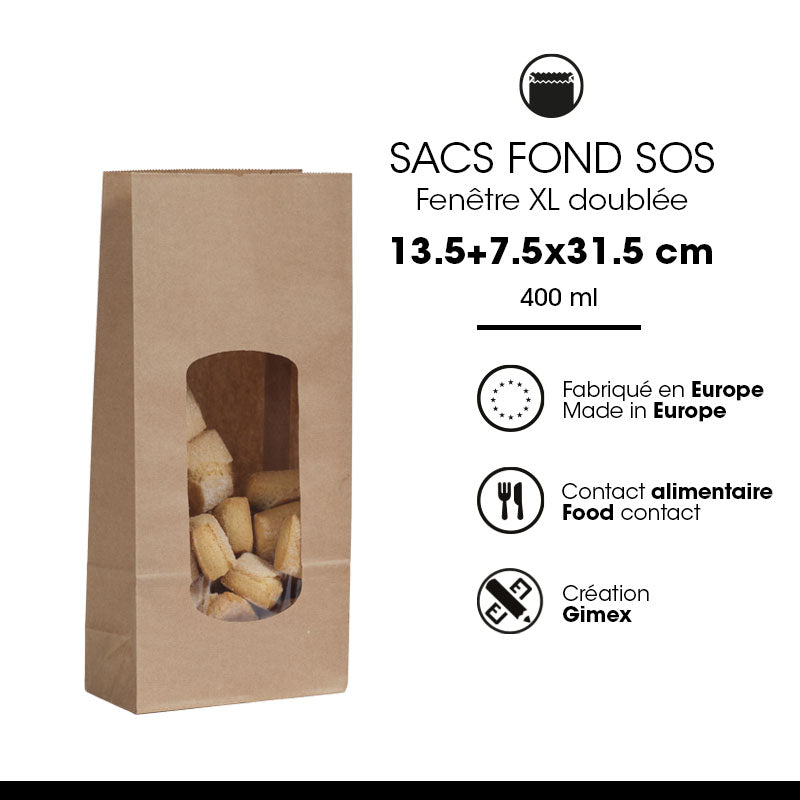 Sac alimentaire SOS fenêtre XL 850 ml|kraft brun lisse|par 800