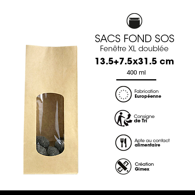 Sac alimentaire SOS fenêtre XL 850 ml|kraft brun lisse|par 800
