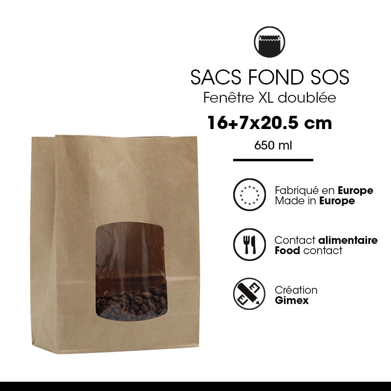 Sac alimentaire SOS fenêtre XL 650 ml|kraft brun lisse|par 800