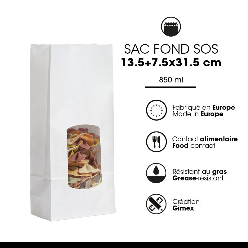 Sac alimentaire SOS fenêtre 850 ml|kraft lisse blanc|par 800